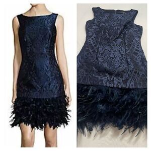 David Meister Navy Blue Feather Dress Size 2